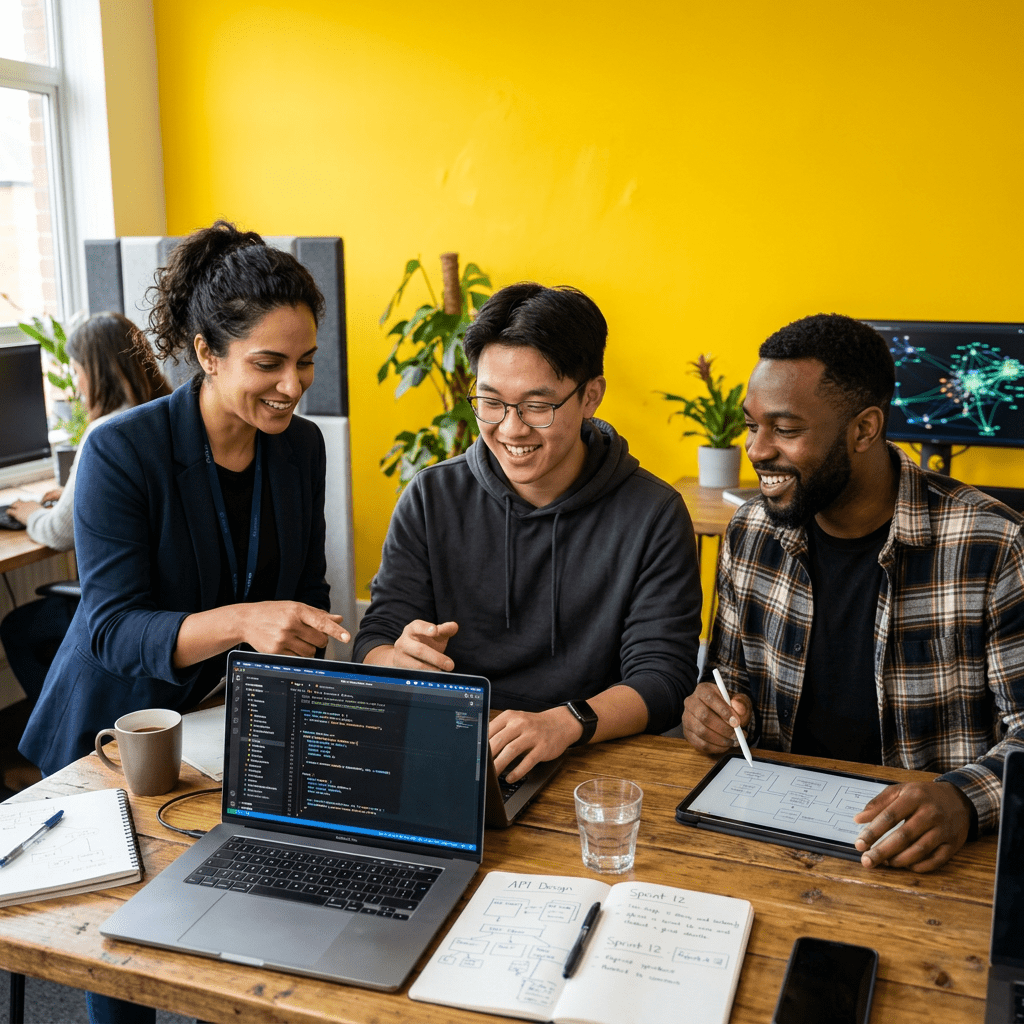 Three people collaborating on software development with laptop and tablet