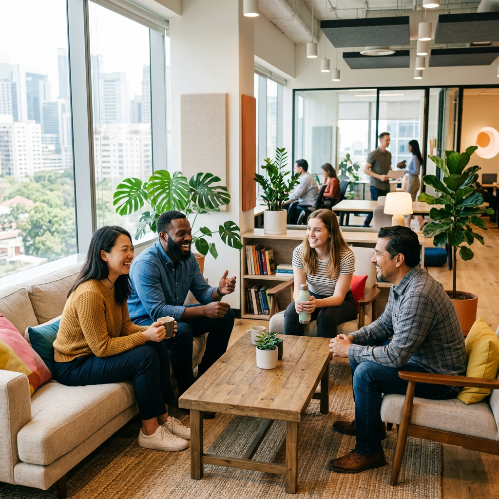 Four coworkers sitting and talking in a bright office lounge with plants and large windows