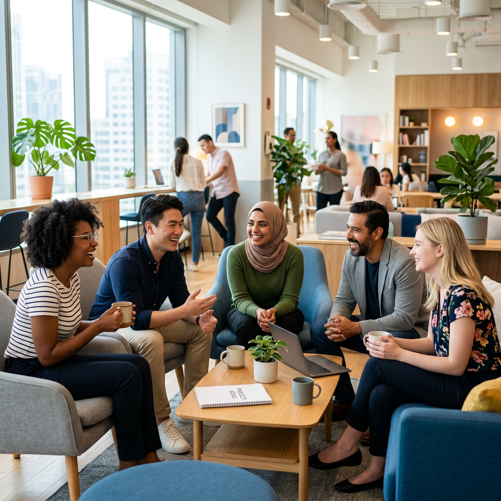 Diverse group of five coworkers chatting around a table with laptop and coffee cups in modern office
