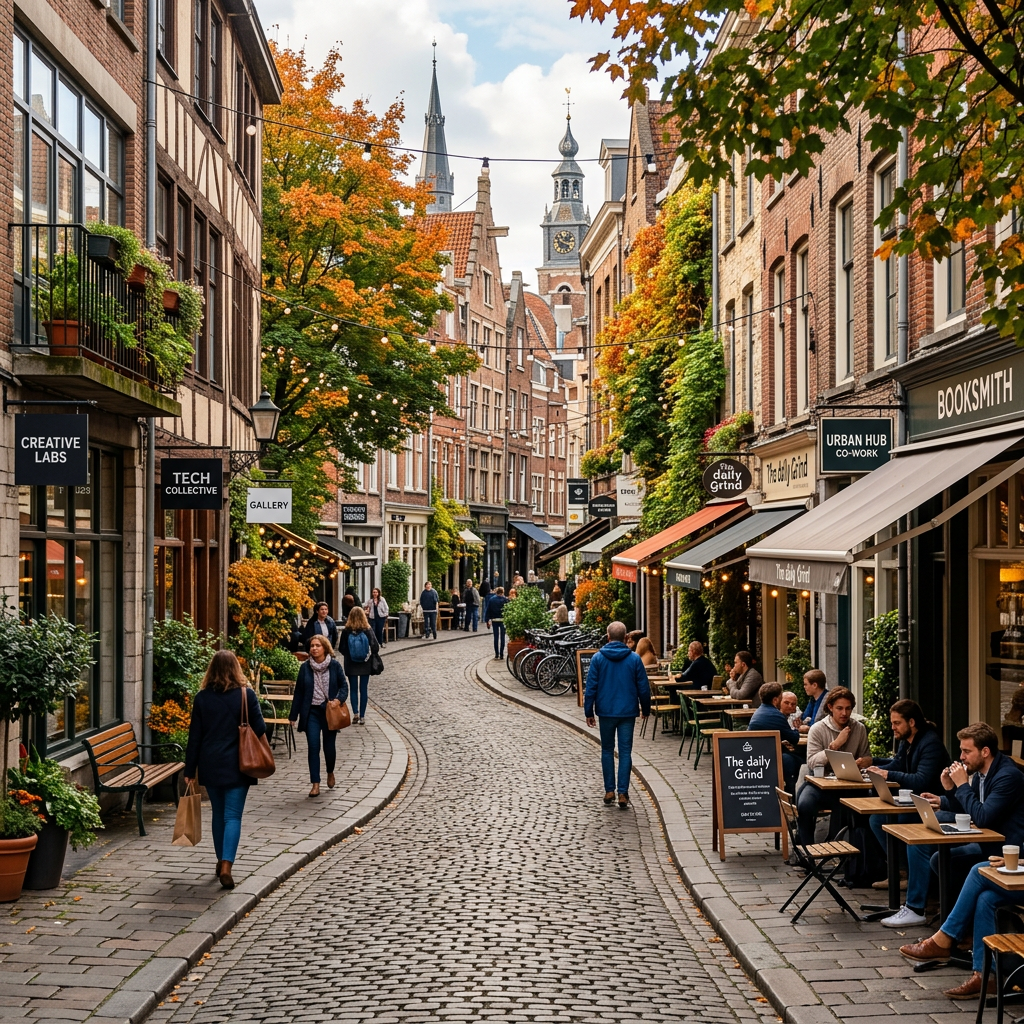 Cobblestone street with outdoor cafe seating, pedestrians, and historic buildings with autumn foliage