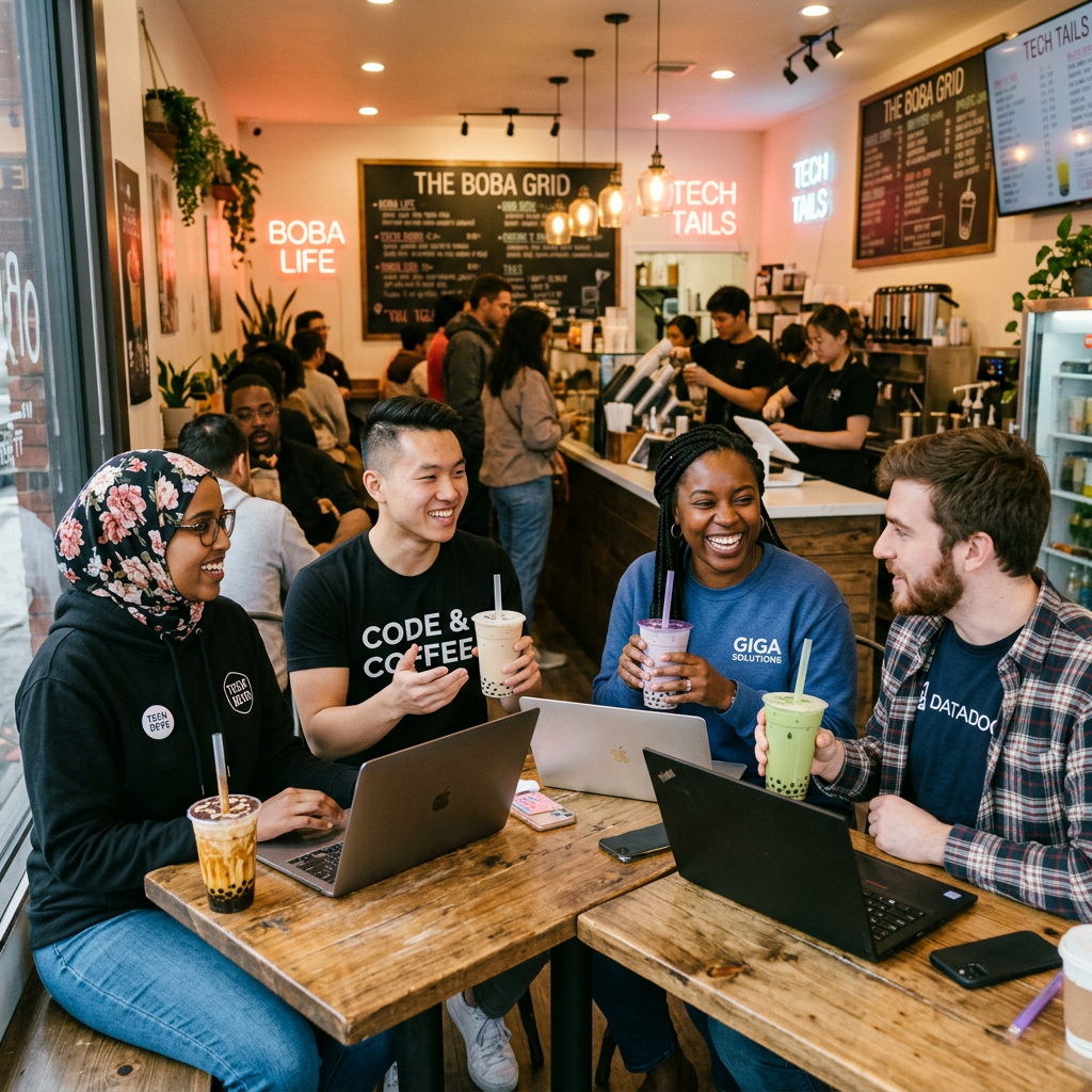 Four diverse colleagues with laptops sharing boba tea in a busy café