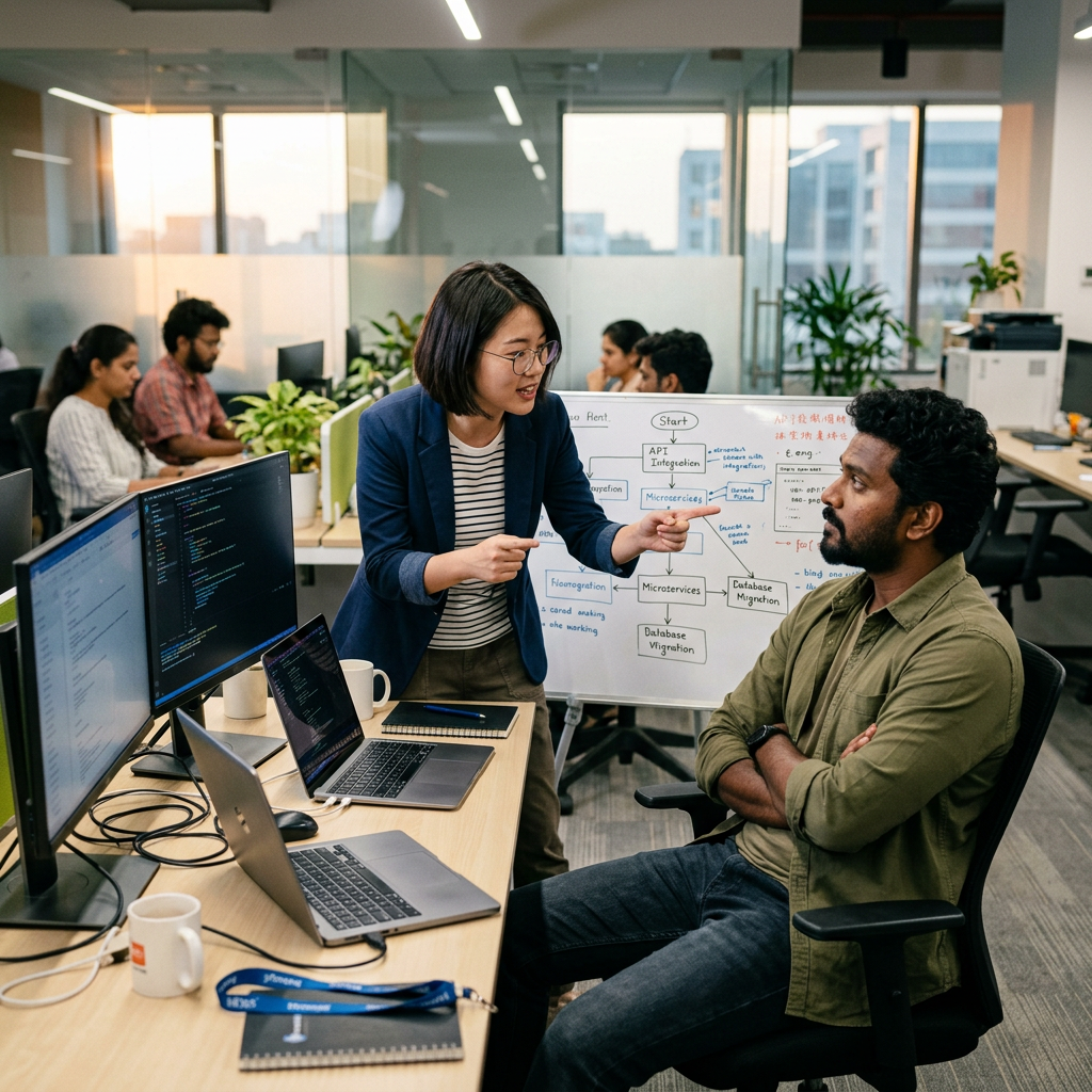 Two colleagues discussing a software architecture diagram beside computer workstations