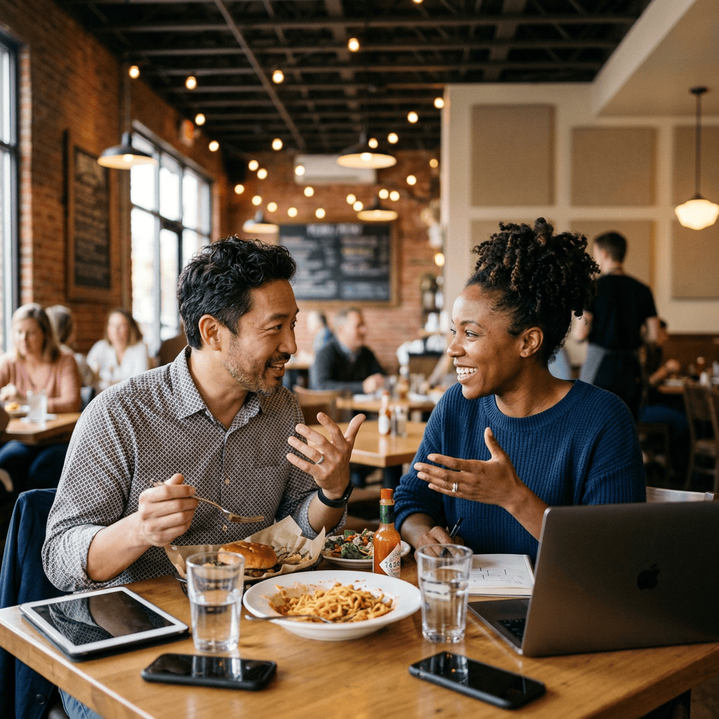 Two friends talking over lunch with laptops and smartphones in a café